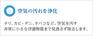 「空気の汚れを浄化」　　チリ、カビ・ダニ、タバコなど、空気を汚す非常に小さな浮遊物質まで見逃さず除去します。