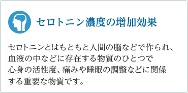 「セロトニン濃度の増加効果」セロトニンとはもともと人間の脳などで作られ、血液の中などに存在する物質のひとつで心身の活性度、痛みや睡眠の調整などに関係する重要な物質です。